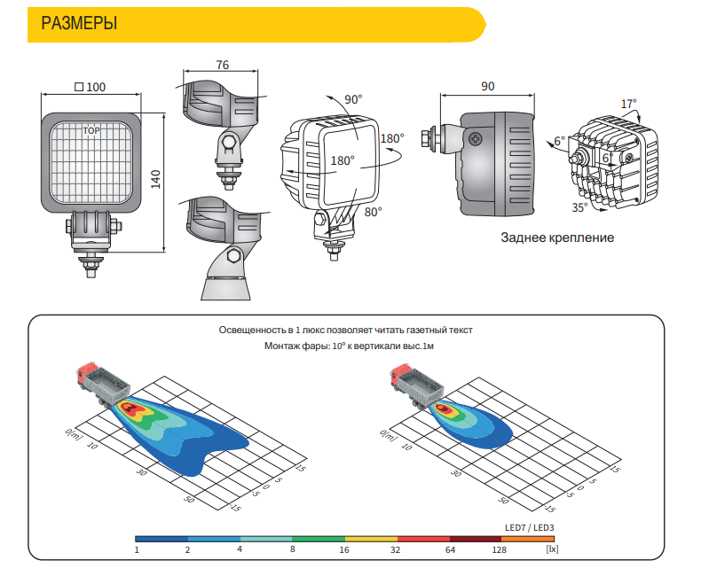 Фара рабочего света Wesem LED3.47700, 800Lm, 12-24V, провод 0,5 м