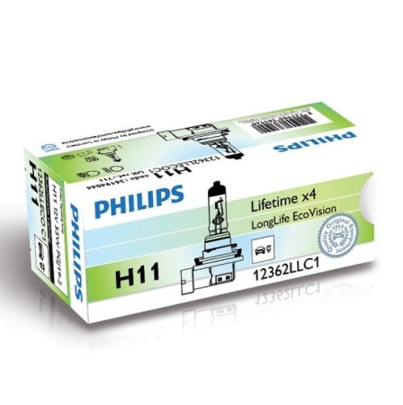 Автолампа PHILIPS 12362LLECOC1 H11 LongLife EcoVision увеличенный срок службы, 12V-55W, PGJ19-2, (1 шт)